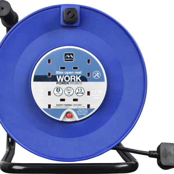 MASTER PLUG HDCC501315/4BL-ME Four Socket Medium 50-meter Open Cable Reel Extension Lead with Handle