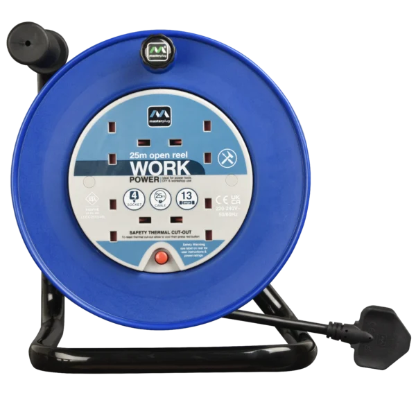 MASTER PLUG LDCC251315/4BL-ME Four Socket Medium 25-meter Open Cable Reel Extension Lead with Handle