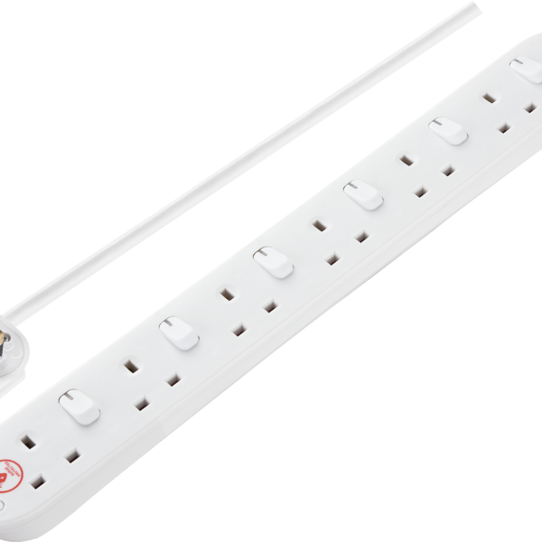MASTER PLUG SRG6210N-ME 2m Extension Cord-6 Sockets Protected Power Cable Extender, Wire Extension with Safety Shutters, White