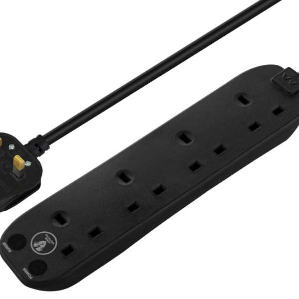 MASTER PLUG SRG4210NB-M 2m Extension Cord-4 Sockets Surge Protected Power Cable Extender, Wire Extension with Safety Shutters, Black