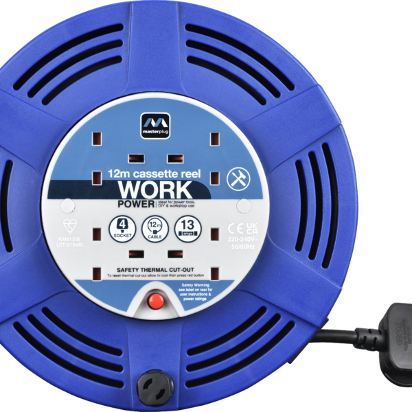 MASTER PLUG LCT1213/4BL-ME 4 Socket 12m Large Cassette Reel Extension Lead