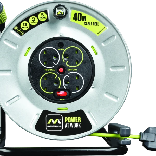 MASTER PLUG OTLU4013154SL-ME Pro-XT Four Socket 40-meter Open Cable Reel Extension Lead with Winding Handle, Thermal Cut Out and Power Switch