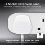 MASTER PLUG BFG5N-M 5m Extension Cord-4 Socket Power Cable Extender with Safety Shutter, Wall Mountable, BS1363-2 Certified, Wire Extension for Home & Office - Image 4